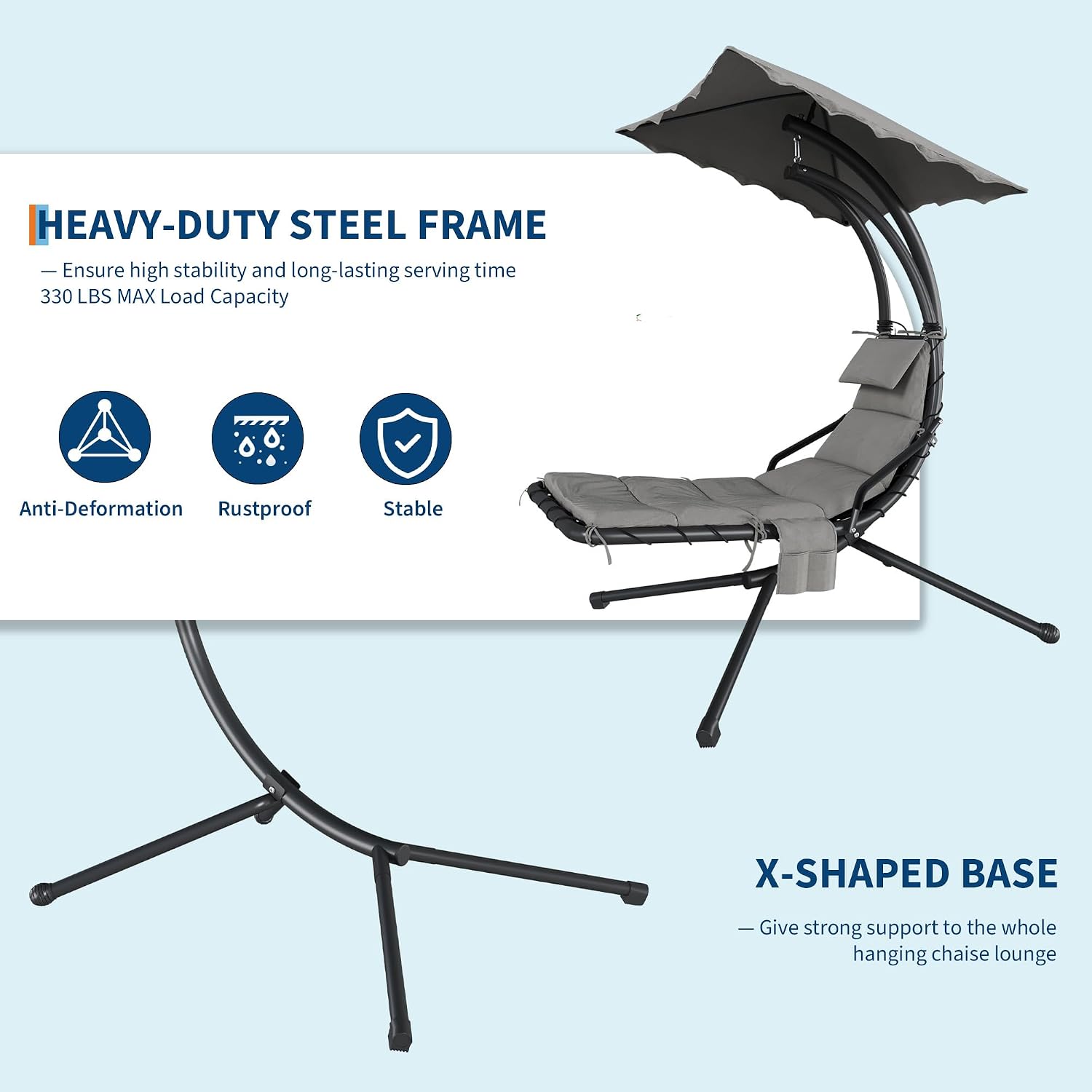 Hanging Chaise Lounge Swing Chair, Hanging Curved Chaise Lounge Chair Umbrella, Curved Steel Hammock Lounger Chairs for Outdoor Indoor Patio Pool Garden Backyard Porch
