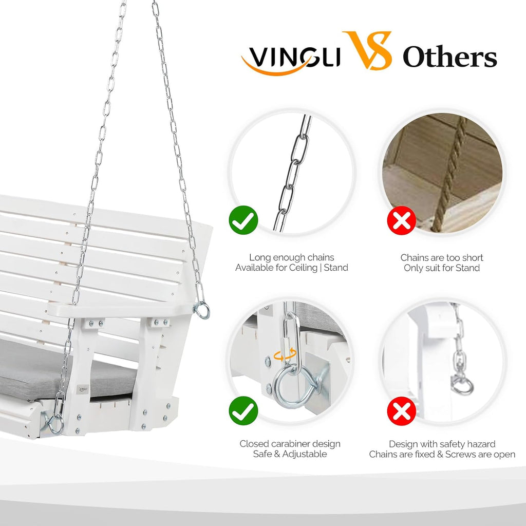 VINGLI 5 FT Outdoor Porch Swing with Frame, Patio Hanging Swing & Stand with Extra Cushions Heavy Duty 880 LBS for Yard, Garden, Pool, Deck, White