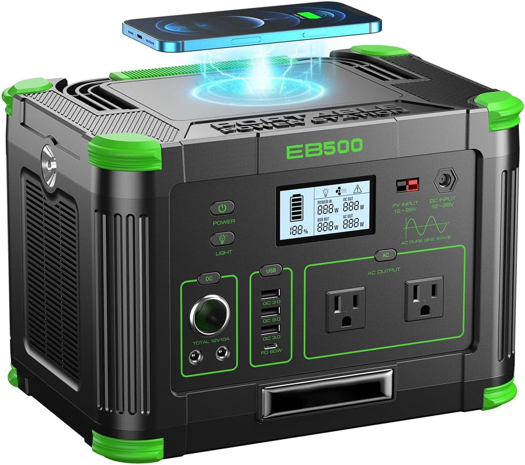 Portable Power Station 500W, 519Wh/140400mAh Solar Generator Backup Lithium Battery Pack Power Supply with 2 AC Outlets, PD 60W USB-C Power bank for Outdoor RV Camping Home Outage Emergency