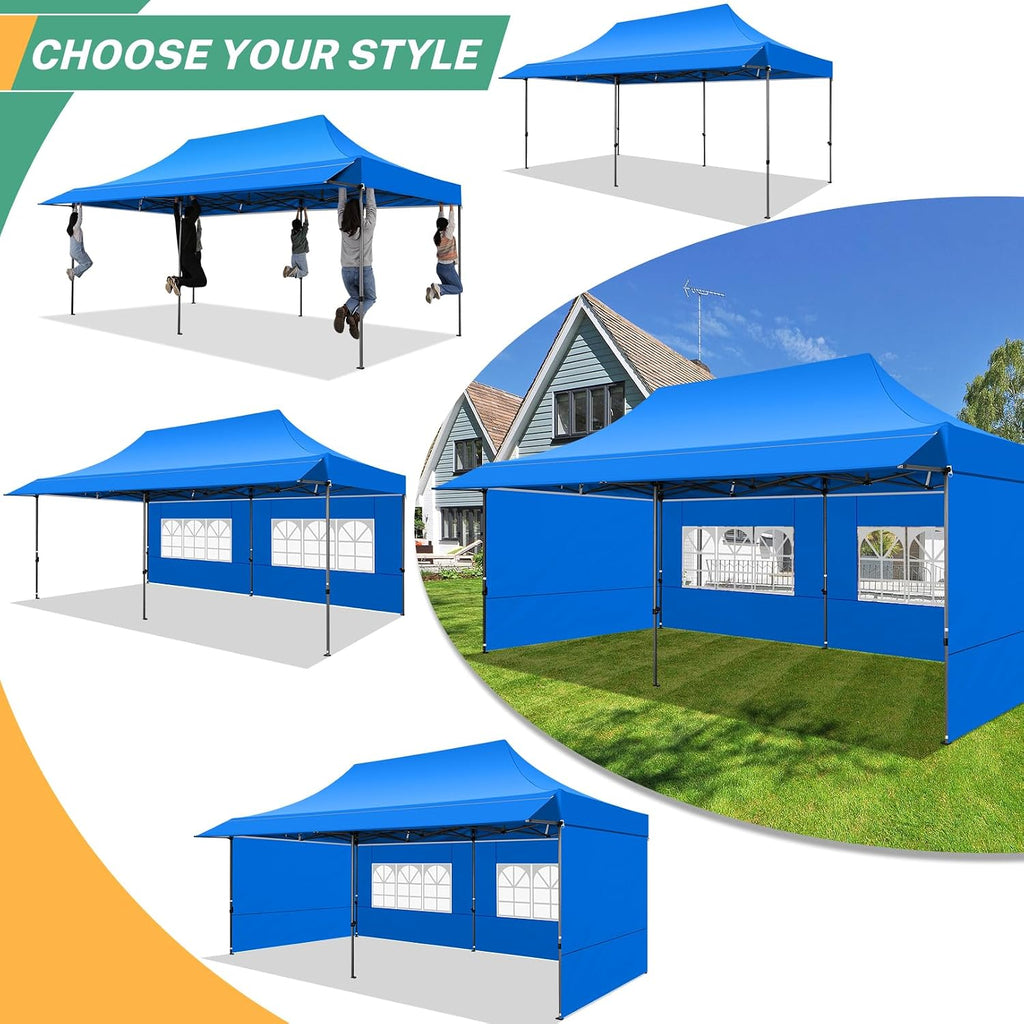 COBIZI 10x20 Pop Up Canopy Tent with Awning & Sidewalls, Heavy Duty Commercial 10X20 Canopy Tents Instant Waterproof, UPF 50+ Sun Shade for Outdoor, Parties, Markets (Blue)