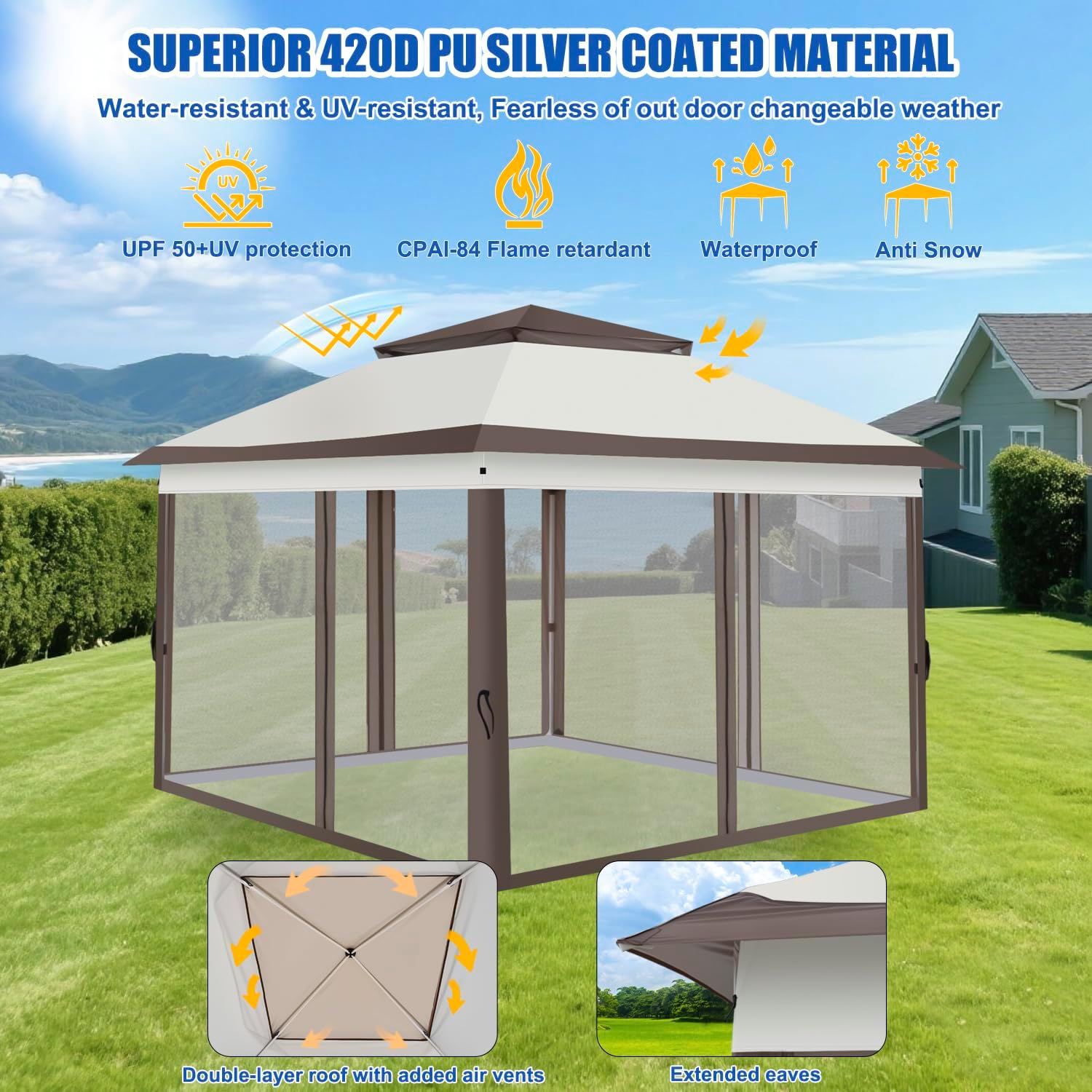 Yesker 10x10 Pop Up Canopy Tent w Mesh Netting Sidewall Vented Top - Heavy Duty Outdoor Canopy, Easy Setup Shelter Gazebo Waterproof 10x10 Popup Tnets for Patio Backyard Parties & Events, Khaki Brown