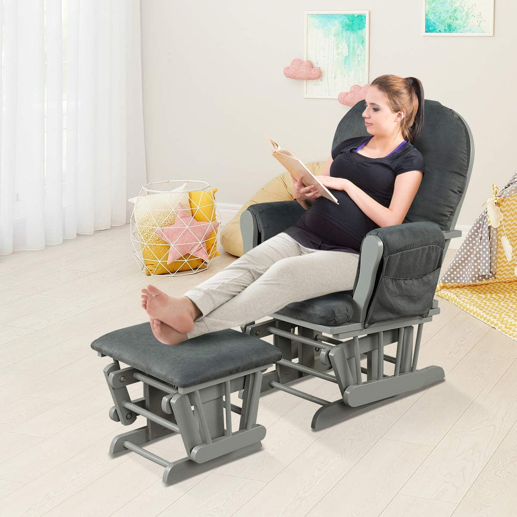Costzon Nursery Glider with Ottoman, Upholstered Comfort Glider Rocker with Padded Cushion, Storage Pocket, Solid Wood Base, Rocking Chair Nursery for Breastfeeding, Napping (Dark Gray)
