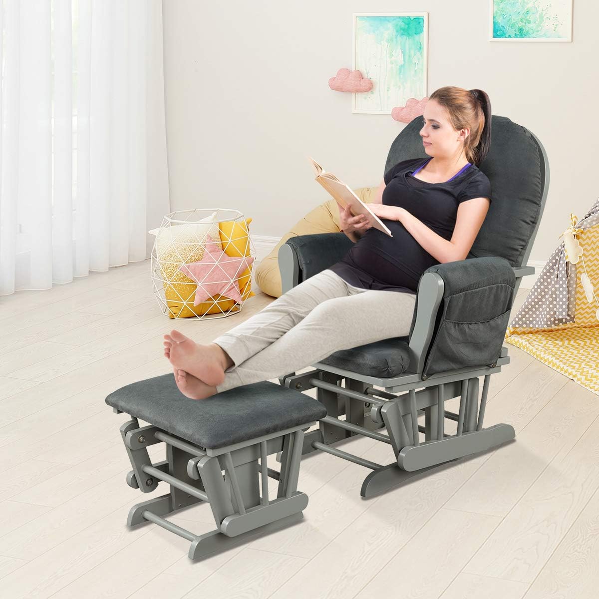 Costzon Nursery Glider with Ottoman, Upholstered Comfort Glider Rocker with Padded Cushion, Storage Pocket, Solid Wood Base, Rocking Chair Nursery for Breastfeeding, Napping (Dark Gray)
