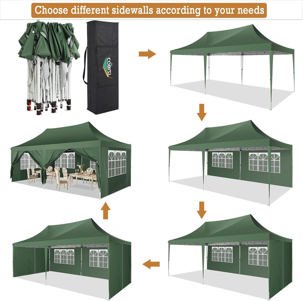 COBIZI 10x20 Pop Up Canopy with 6 Sidewalls,10x20 Canopy Tent Frame Upgraded with 3 Adjustable Heights,Waterproof UV50+ Outdoor Party Commercial Ez Up Gazebos with Carry Bag(10 x 20 ft Green)