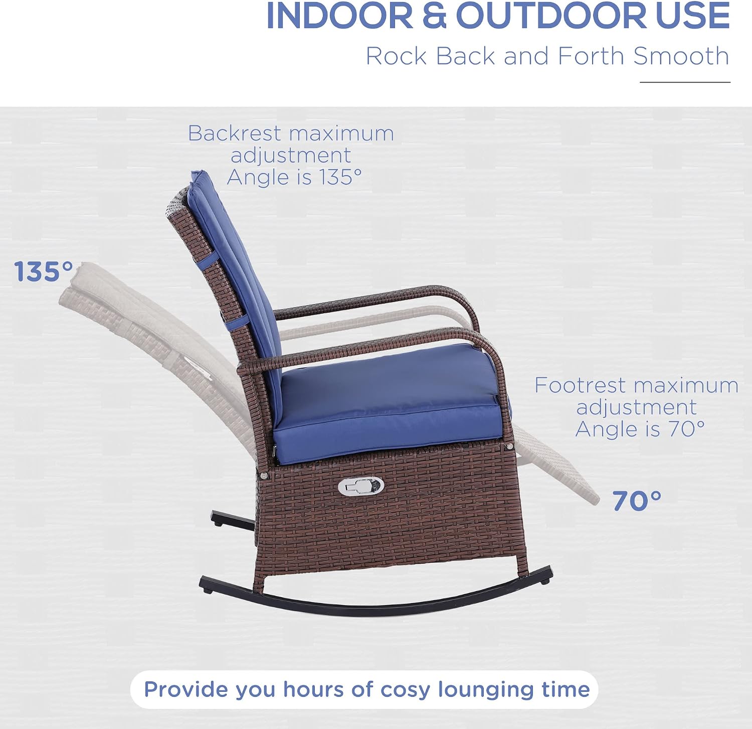 Outsunny Wicker Outdoor Rocking Chair, Patio Recliner with Adjustment Backrest, PE Rattan Lounge Chair with Adjustable Footrest and Cushions for Garden, Backyard, Porch, Blue