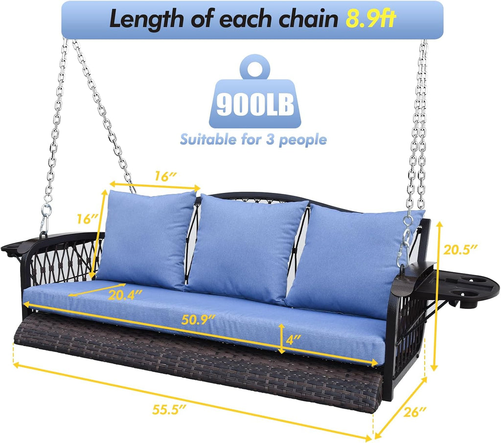 ZZW Wicker Porch Swing Heavy Duty 900 LBS 3-Seat Outdoor Patio Swing Chair with Cushions & 8.9ft Chains Outdoor Hanging Bench with Upgraded Cup Holders for Garden Deck Backyard