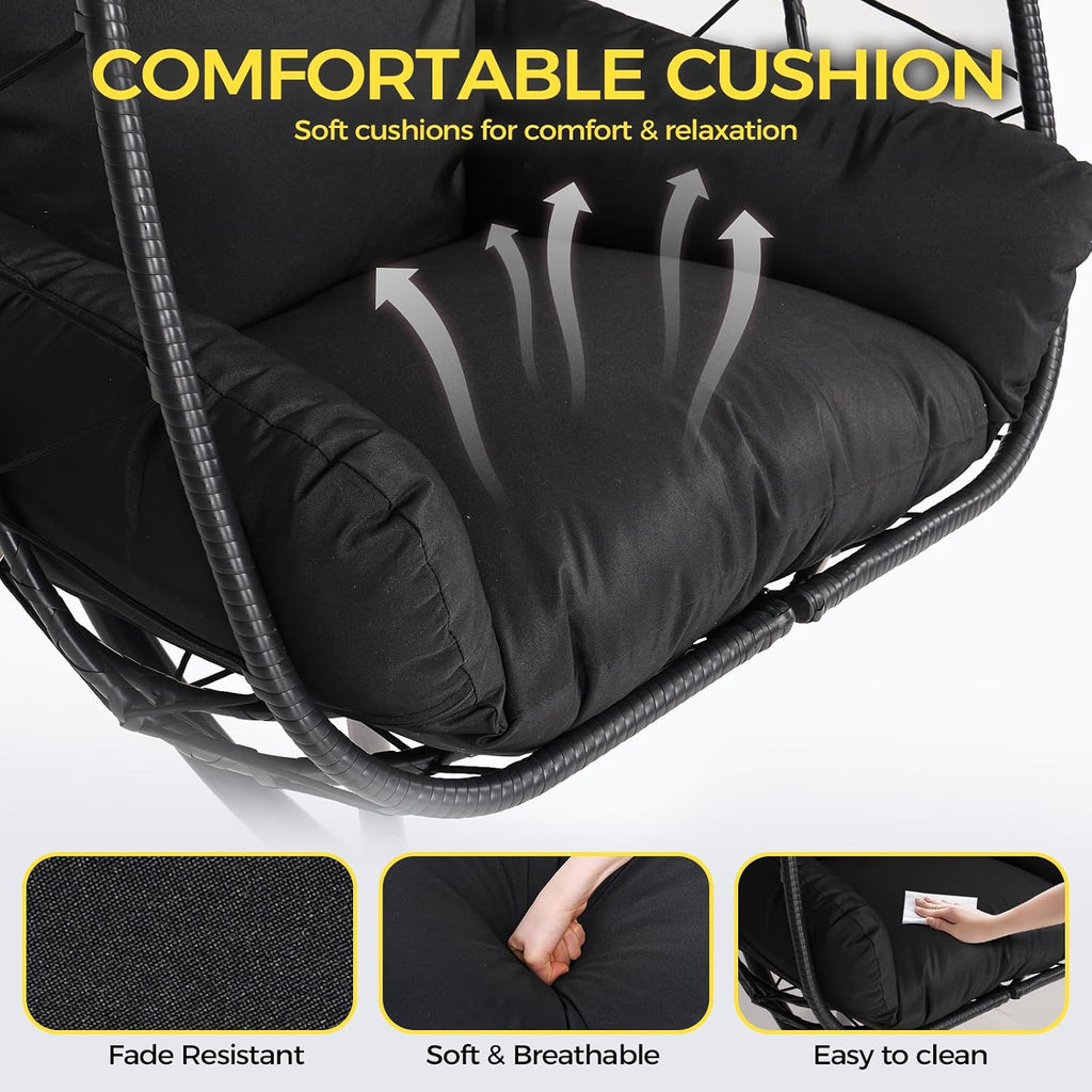 Egg Chair with Stand, Wicker Hanging Chair for Outdoor Patio, Cushioned Hammock Swing for Bedroom Garden Indoor/Outdoor, Double-Zipper Structure Hanging Egg Chair (Black and Black)