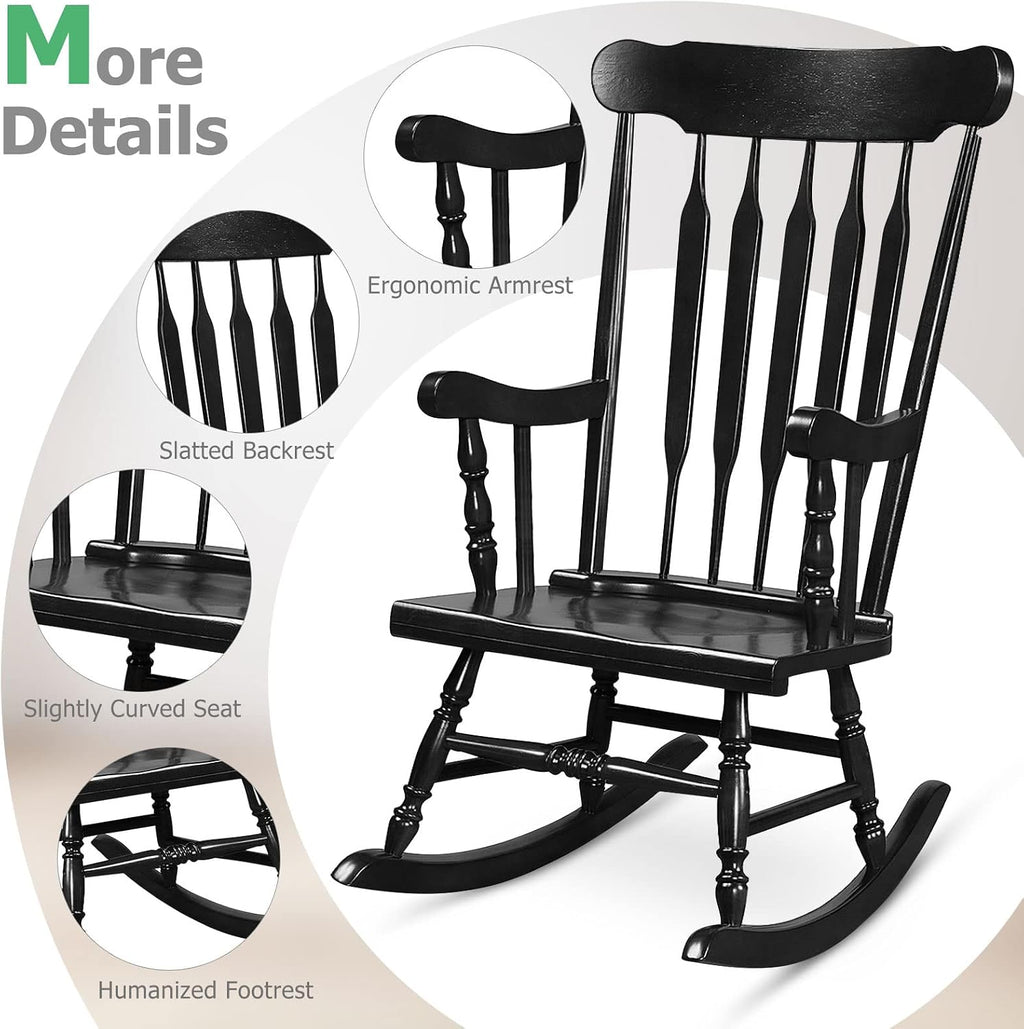 Tangkula Patio Rocking Chair Solid Rubber Wood, Outdoor Porch Rocker Chair with Rubber Wood Frame, Indoor Wooden Rocking Chair, Ideal for Garden, Backyard & Balcony (1, Black)