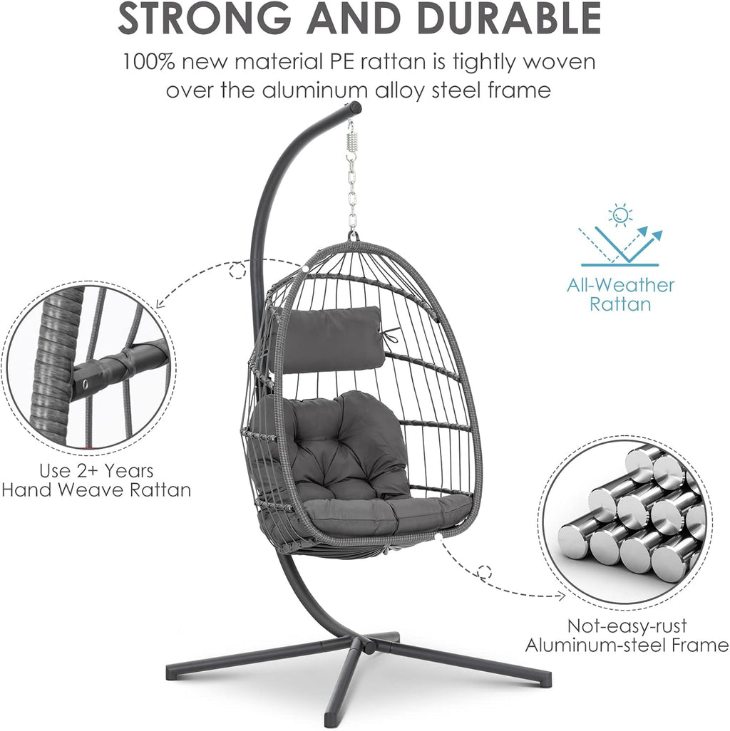 Brafab Swing Egg Chair, Hammock, Hanging Chair, Aluminum Frame and UV Resistant Cushion with Steel Stand, Indoor Outdoor Patio Porch Lounge Bedroom Hand Made Wicker Rattan, 350LBS Capacity