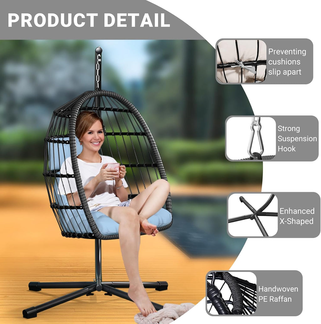 CHABATREE Egg Chair with Stand,Patio Rattan Wicker Hanging Swing Egg Chair Hammock Chair for Bedroom Porch Garden,Thickened Aluminum Alloy Steel Frame and UV Resistant Cushion,350LBS Capacity