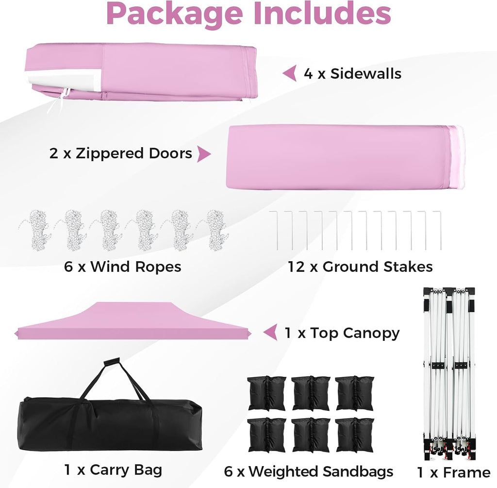 HAPPYGRILL 10x20 Pop Up Canopy Tent with Detachable Sidewalls, Waterproof UPF 50+ Outdoor Instant Gazebo Shelter with Carry Bag for Party Wedding Patio Garden, Pink