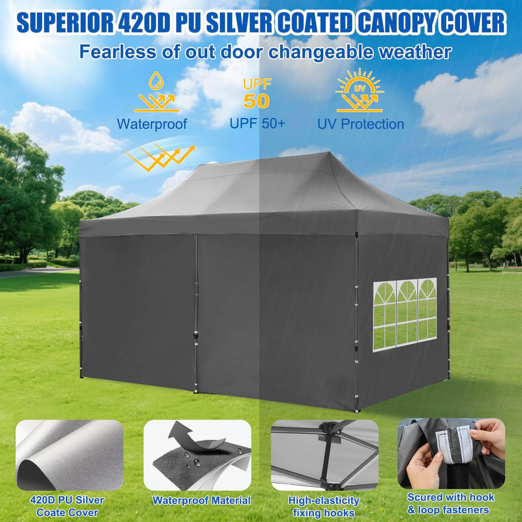 Yesker 10x20 Pop Up Canopy Tent with Sidewalls Instant Outdoor Canopy, Waterproof & UV Protection, Easy Setup Adjustable Height Heavy Duty Shelter Gazebo Tent for Patio Backyard Party Events, Gray