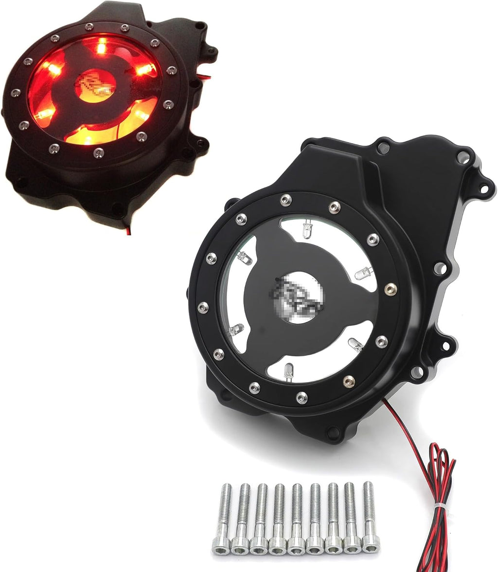 SKULL PIVOT- Red Led Black 'R6' Stator Engine Cover With Gasket See Through Generator Cover Compatible with Yamah 2003-2006 YZF-R6 2006 YZF-R6S Motorcycle Bike