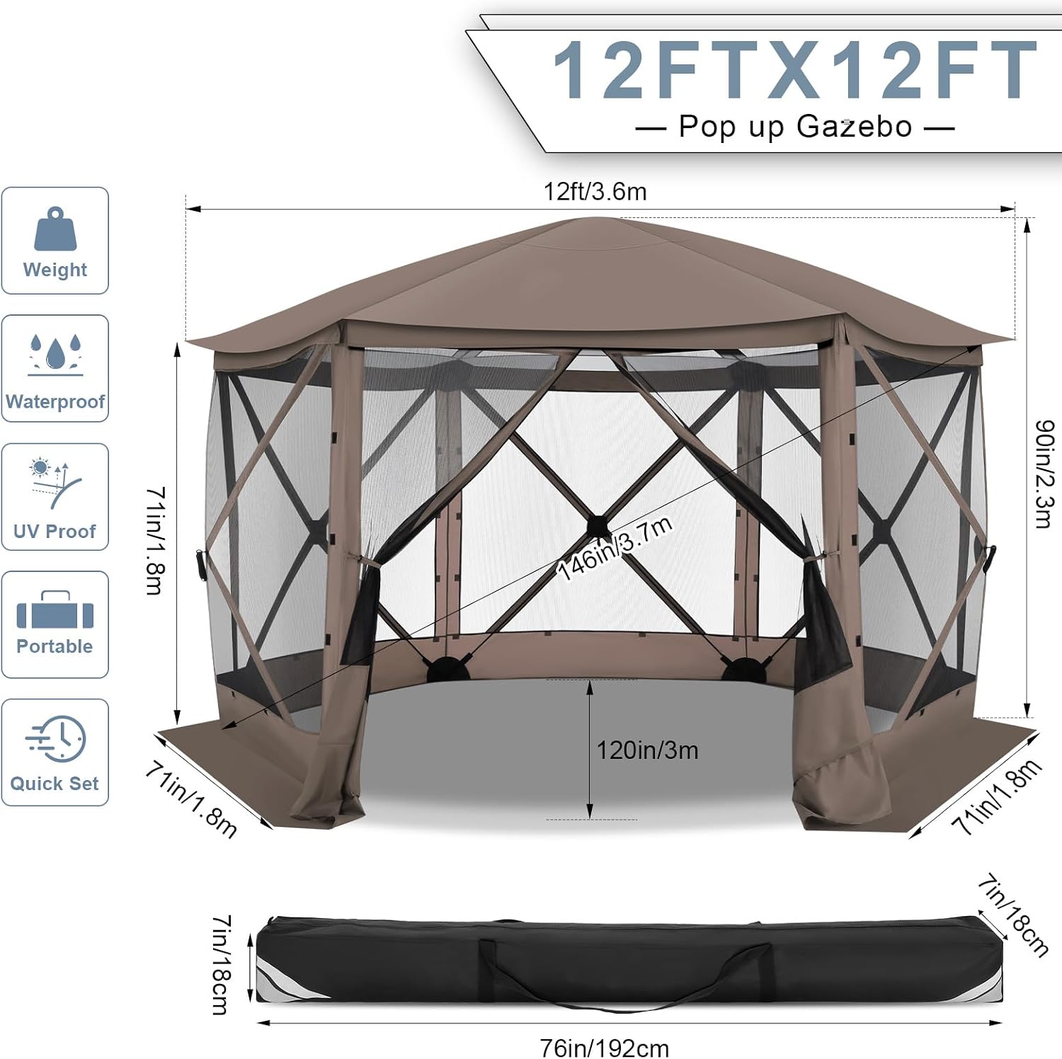 COBIZI Pop Up Gazebo Screen Tent Screen House for Camping, 12x12 Screen Room with Mosquito Netting, Hub Tent Instant Screened Canopy with Carrying Bag and Ground Stakes, Brown