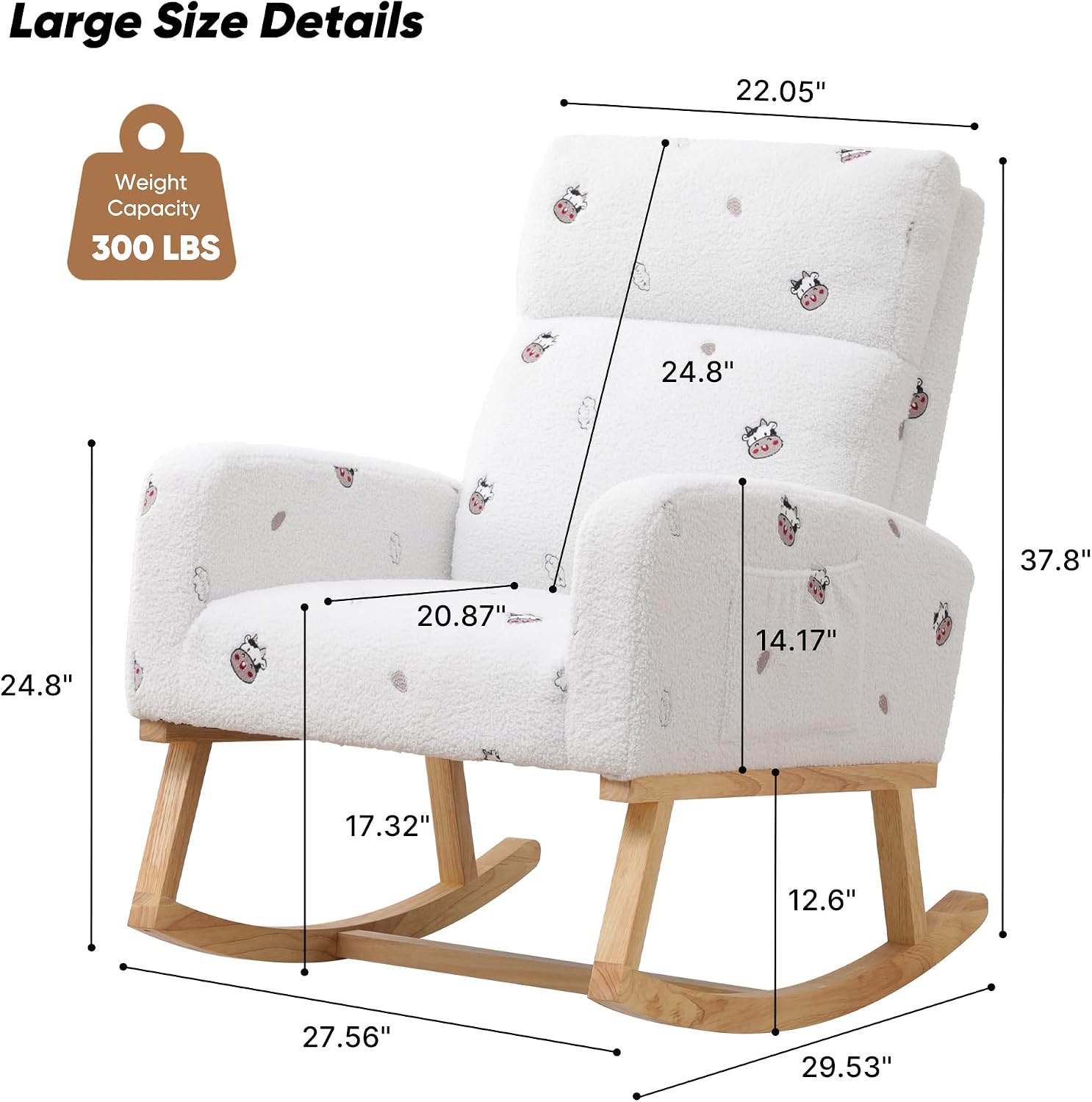 HCHAIRH Rocking Chair Nursery, Sherpa Nursing Rocking Chairs, Upholstered Nursery Glider Rocker for Mom Nursery Morden Rocking Chair with Side Pocket for Living Room,Bedroom,Teddy White Cow Printed