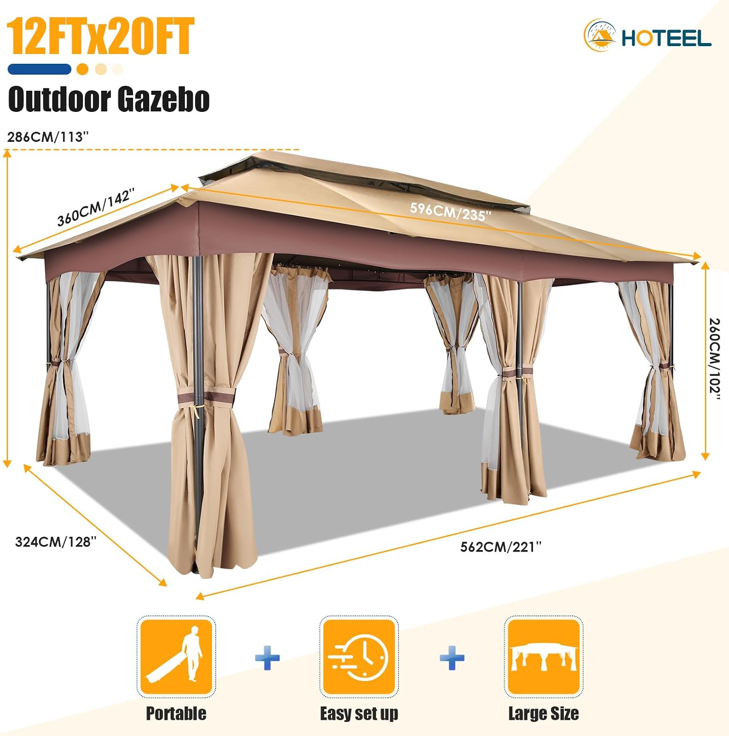 HOTEEL Gazebo 12x20, Outdoor Gazebo on Clearance with Double Ventilated Arc Roof, Privacy Curtains & Mosquito Netting, Easy Set up Canopy Tent with Stable Metal Frame for Patio, Khaki (Windproof)
