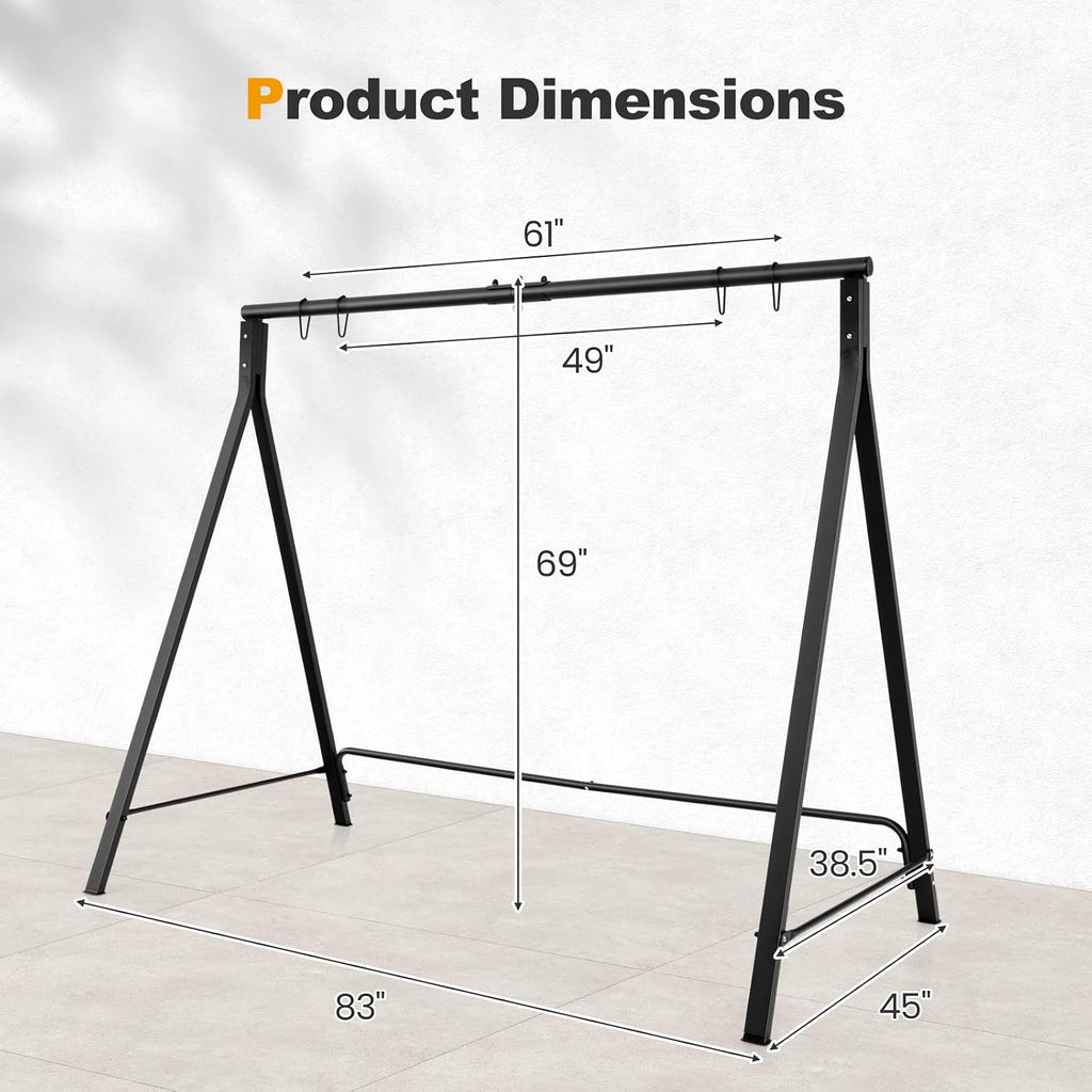 Tangkula Metal Swing Frame, Porch Swing Stand with Extra Side Bars, 5 Hanging Rings, Heavy Duty Swing Frame Outdoor for Swing, Hammock, A-Frame Swing Stand Frame Outdoor for Lawn, Garden, Backyard