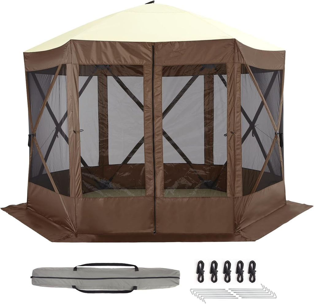 Pop Up Gazebo for Camping, 10x10ft Portable Outdoor Netting Canopy Shelter Tent, Folding Lightweight 6 Side Walls Screen House Tent with Storage Bag, Ground Stakes for Patio Backyard Party, Brown
