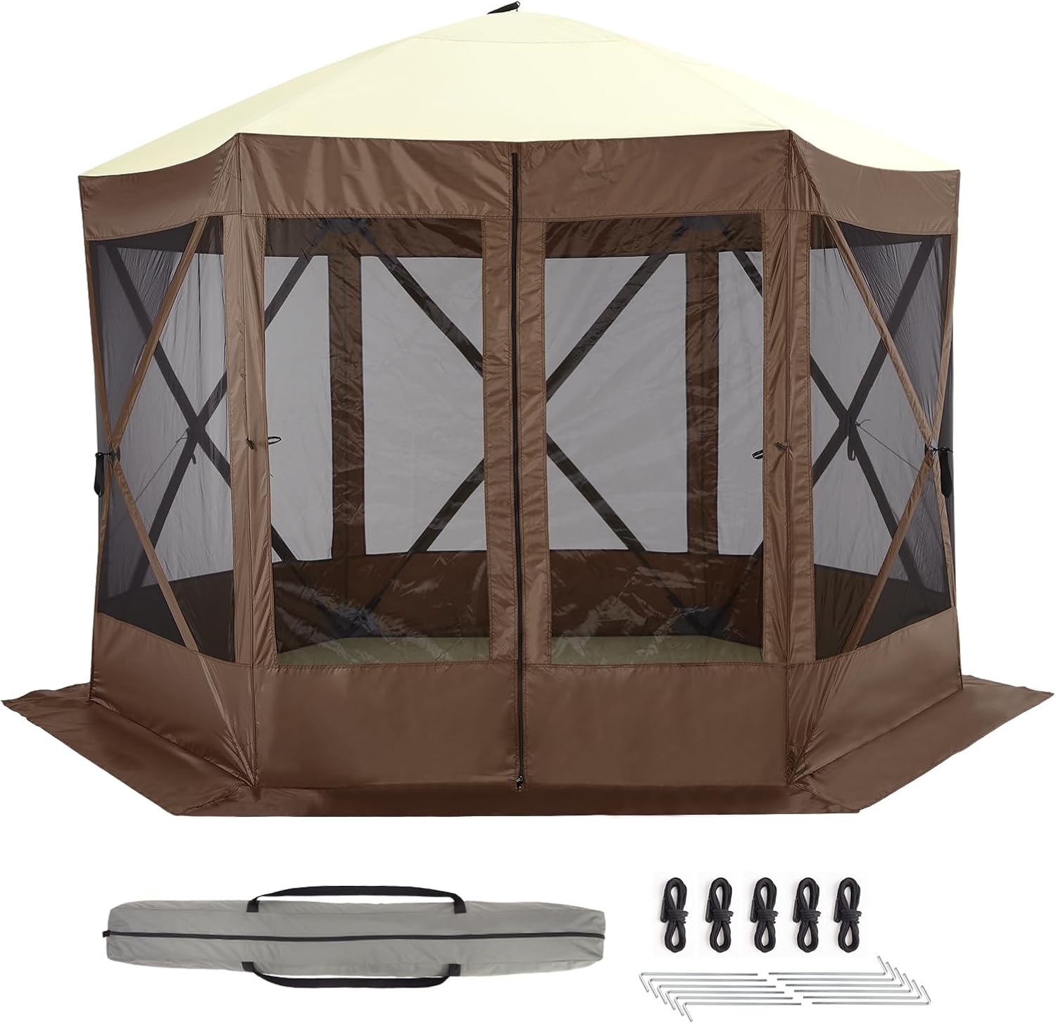 Hipicute Pop Up Gazebo,10 X 10 Ft Portable Outdoor Camping Pop Up Canopy Screen Tent with Mosquito Netting Gazebo,Waterproof 6 Sidewalls,Ground Stakes,Carry Bag for Lawn, Garden, Backyard(Brown)