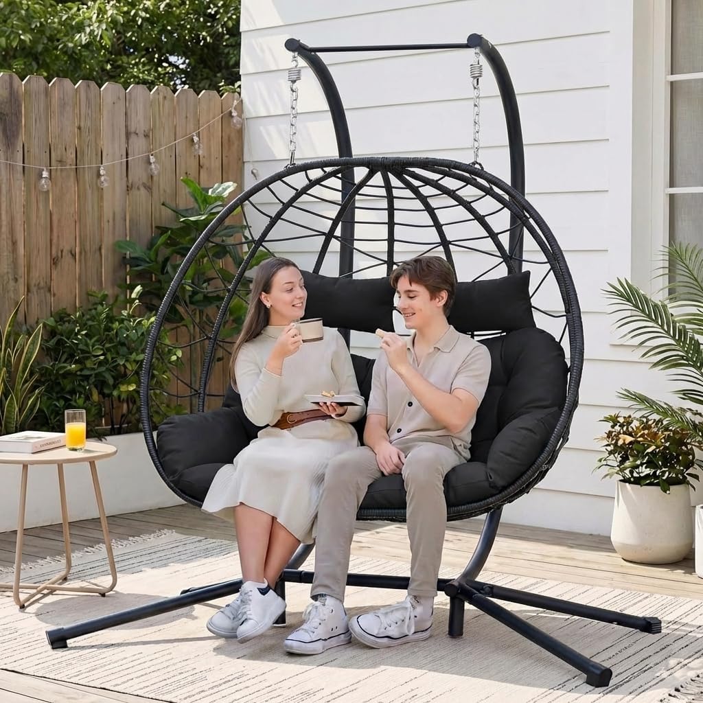 Easyego 2-Person Wicker Hanging Egg Chair with Stand- 700 lb Capacity, Indoor/Outdoor Double Egg Swing Hammock Chair for Patio, Garden, Porch, Living Room, Bedroom-Dark Grey