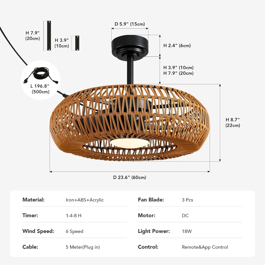23.6' Outdoor Ceiling Fans with Lights for Patios, Waterproof Plug in Ceiling Fan with Remote, 3CCT Dimmable, Reversible, Gazebo Fan with Hanging Hook for Canopy,Pergola,Porch
