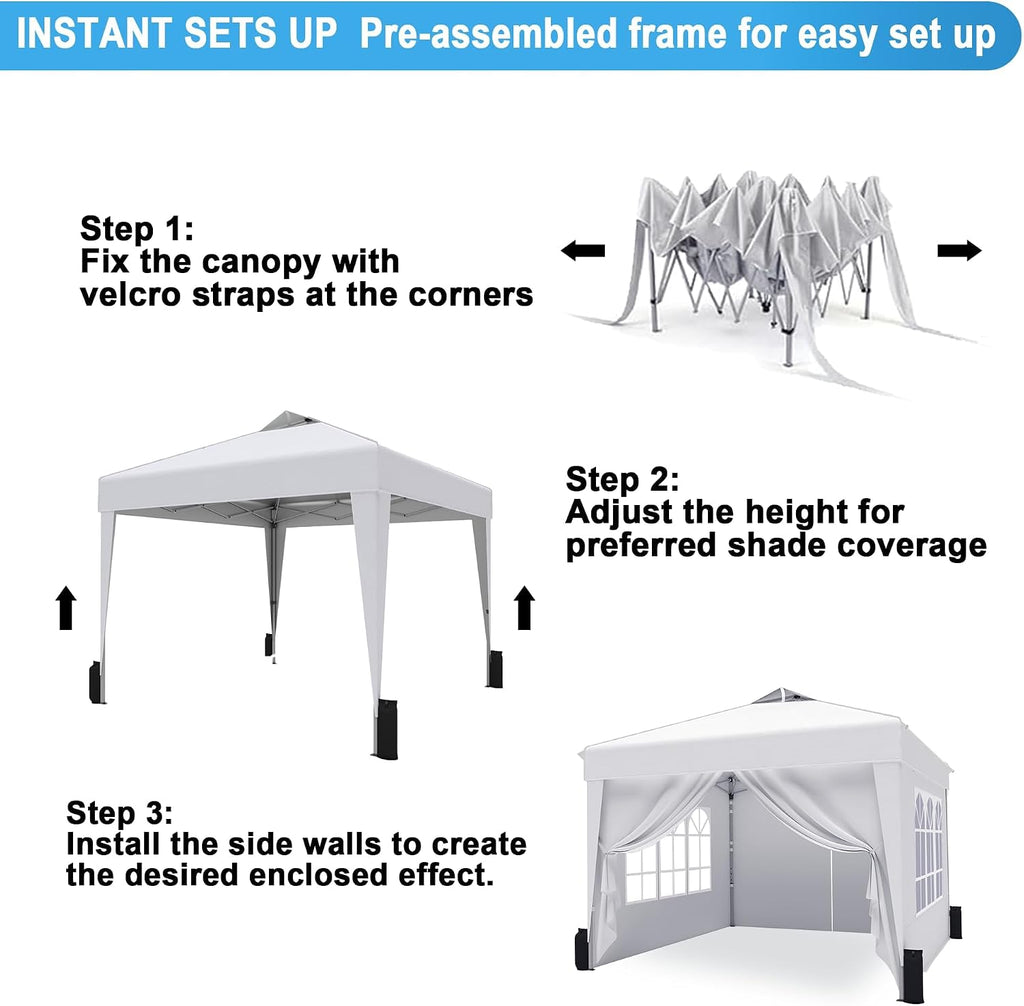 SANWAY 10x10 Pop Up Canopy Tent with Sidewalls x 4 – Easy Setup Canopy Tent, Waterproof, UV-Resistant, Portable with Carry Bag for Outdoor Events, Camping, and Backyard Parties – White