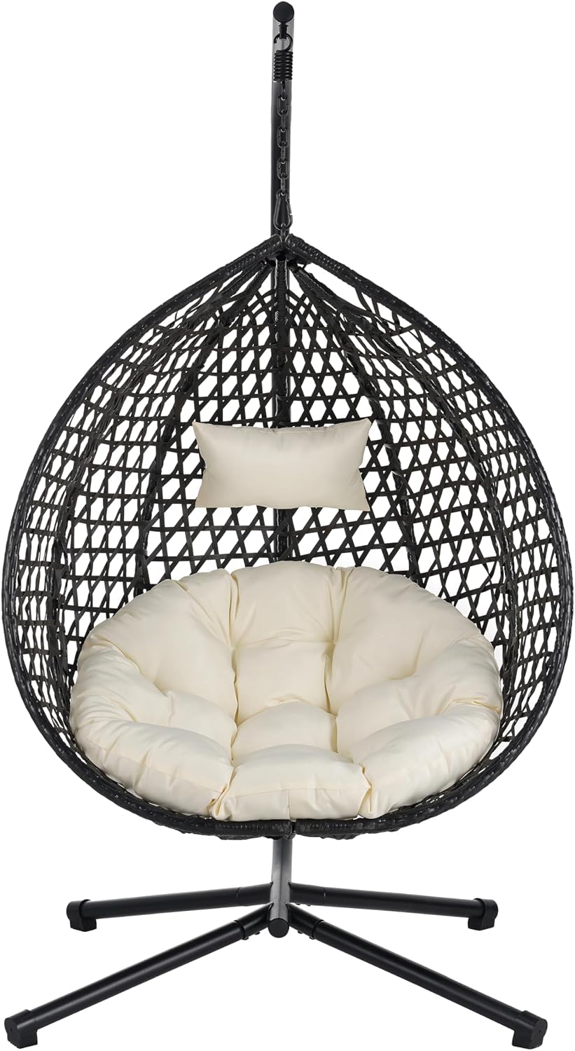 Hanging Egg Chair with Stand, Indoor Outdoor Hammock Swing Chair, 330 lbs Capacity, HDPE Rattan, Iron Frame, Removable Cushion, Foldable Design (Black+Beige)