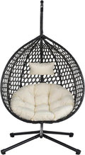 Hanging Egg Chair with Stand, Indoor Outdoor Hammock Swing Chair, 330 lbs Capacity, HDPE Rattan, Iron Frame, Removable Cushion, Foldable Design (Black+Beige)