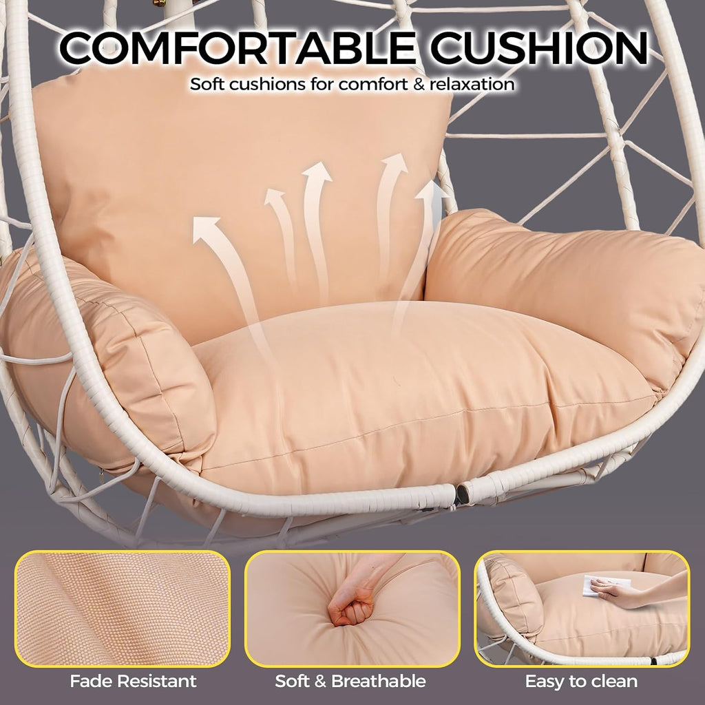 Egg Chair with Stand, Wicker Hanging Chair for Outdoor Patio, Cushioned Hammock Swing for Bedroom Garden Indoor/Outdoor, Double-Zipper Structure Hanging Egg Chair (White and Beige)