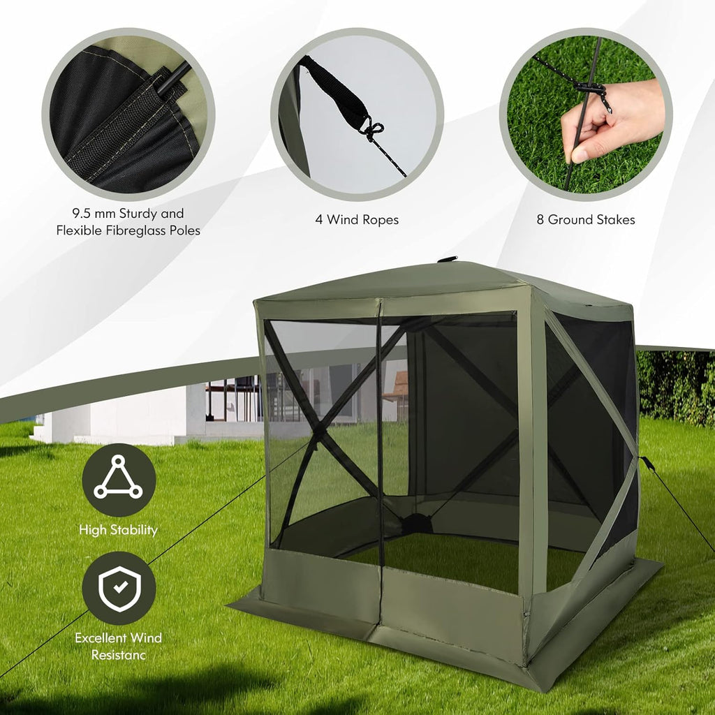 KOTEK 4 Sided Pop Up Gazebo, Outdoor Canopy Shelter with Mesh Walls, Portable Carry Bag, 2 Wind Cloth, 4 Person Screen Tent for Camping Traveling Hiking Patios Lawn Backyard, 6.7x6.7 ft (Green)