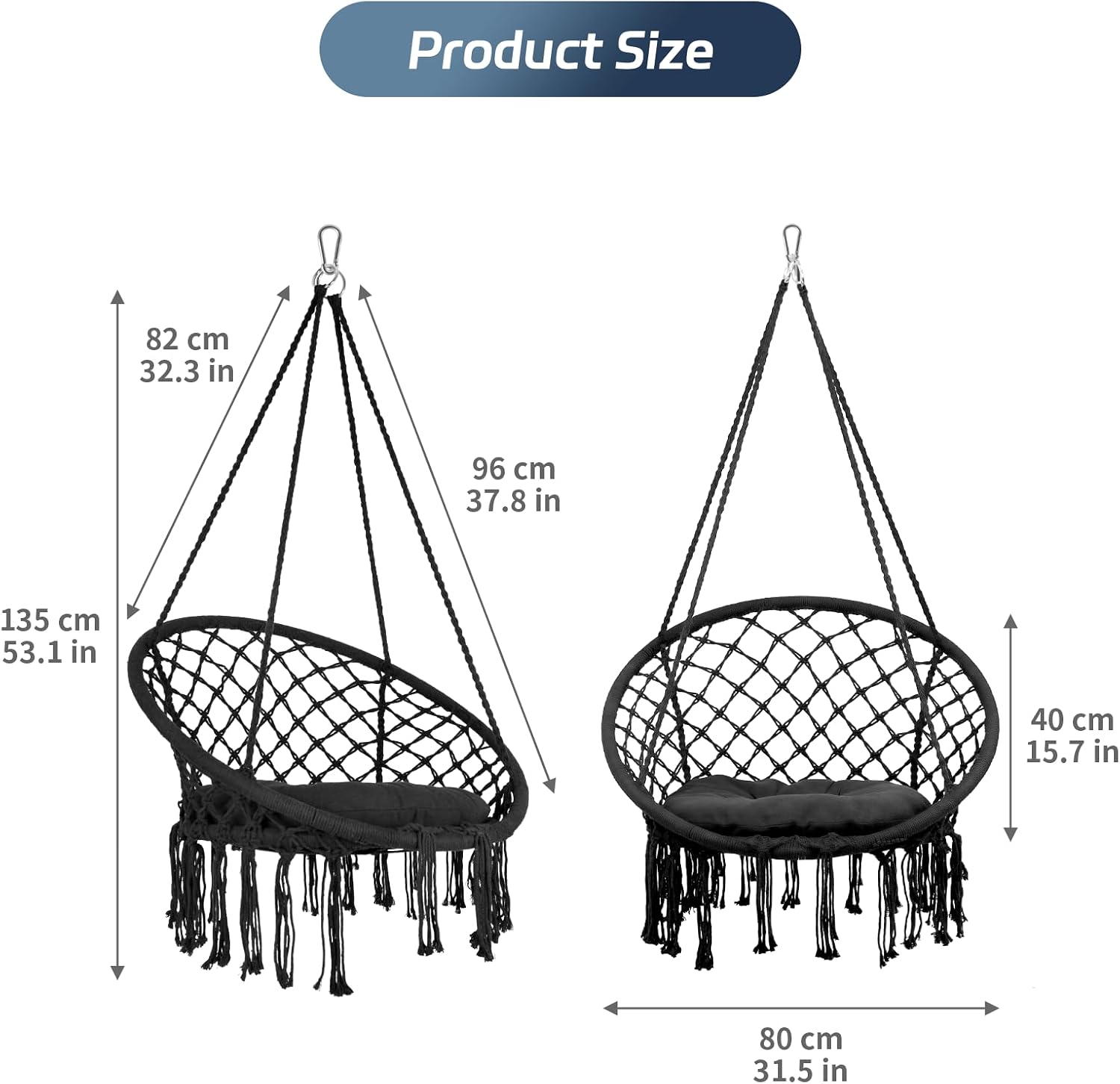 Hanging Swinging Chair, Macrame Hammock Hanging Swinging Chairs with Soft Cushions and Hardware Accessories, Hanging Chair for Indoor and Outdoor Use, 3 Installation Methods, Beige (2, Black)