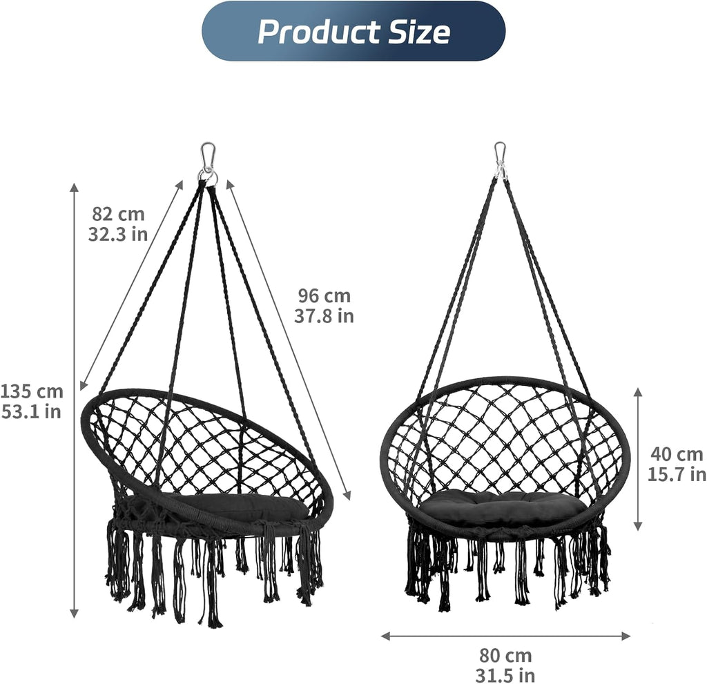 Hanging Swinging Chair, Macrame Hammock Hanging Swinging Chairs with Soft Cushions and Hardware Accessories, Hanging Chair for Indoor and Outdoor Use, 3 Installation Methods, Beige (3, Black)