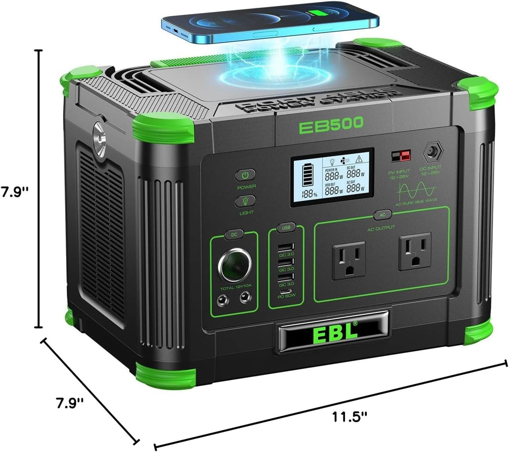 EBL Portable Power Station 500w(Peak 1000W), Camping Solar 519Wh Outdoor Solar Generator Backup Battery Pack with 2 110V AC Outlets, 10-Port Powerhouse for Outdoor and Indoor Emergency Use