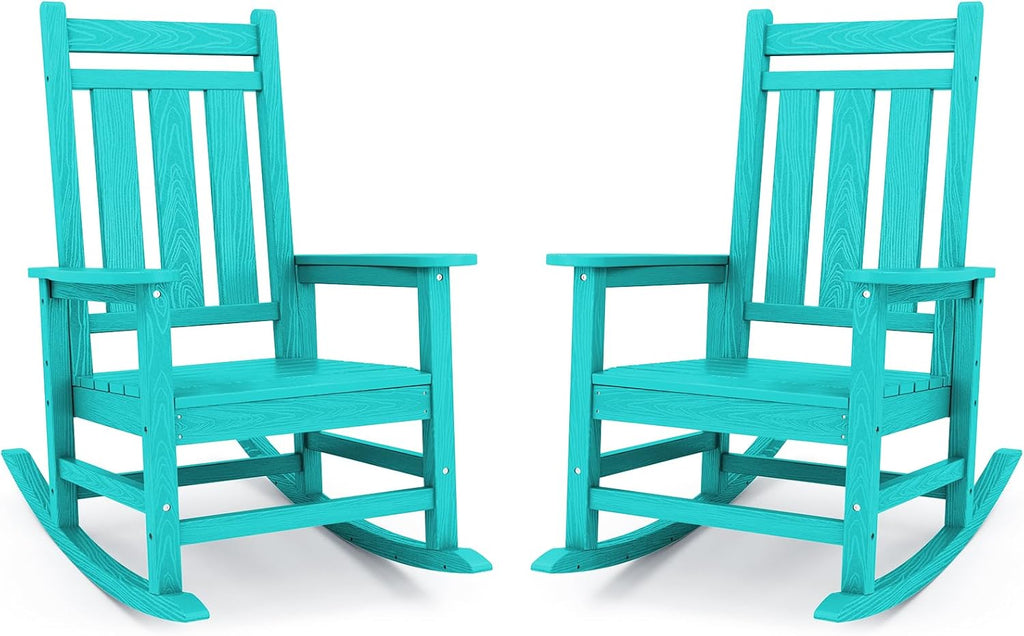 KINGYES Oversized Outdoor Rocking Chair Set of 2, All-Weather Patio Rocking Chairs for Porch, HDPE Outdoor Patio Rockers with High Back & Wide Seat for Garden, Lawn, Aruba