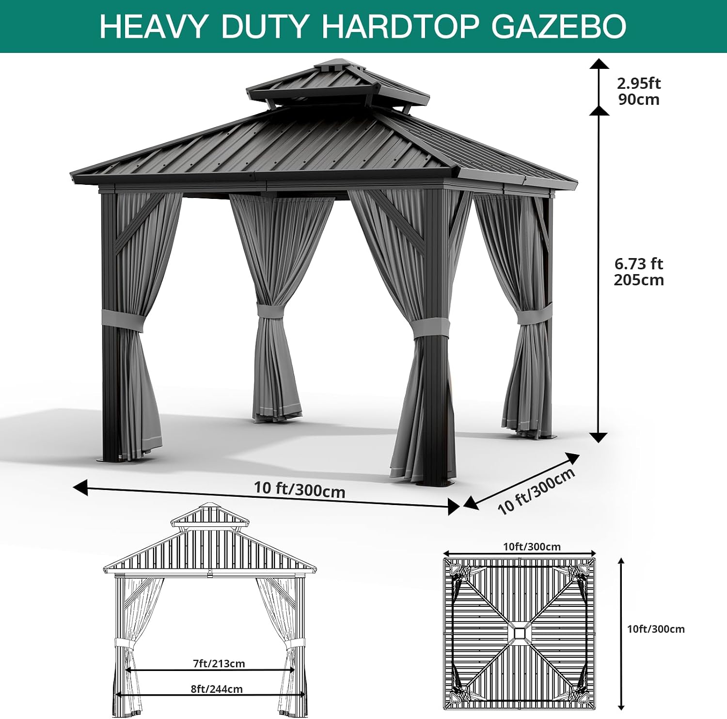 GAOMON 10x10ft Gazebo, Hardtop Double Roof Canopy with Netting and Curtains, Outdoor Gazebo Galvanized Iron Aluminum Frame Garden Tent for Patio, Backyard, Deck, Lawns (Gray)