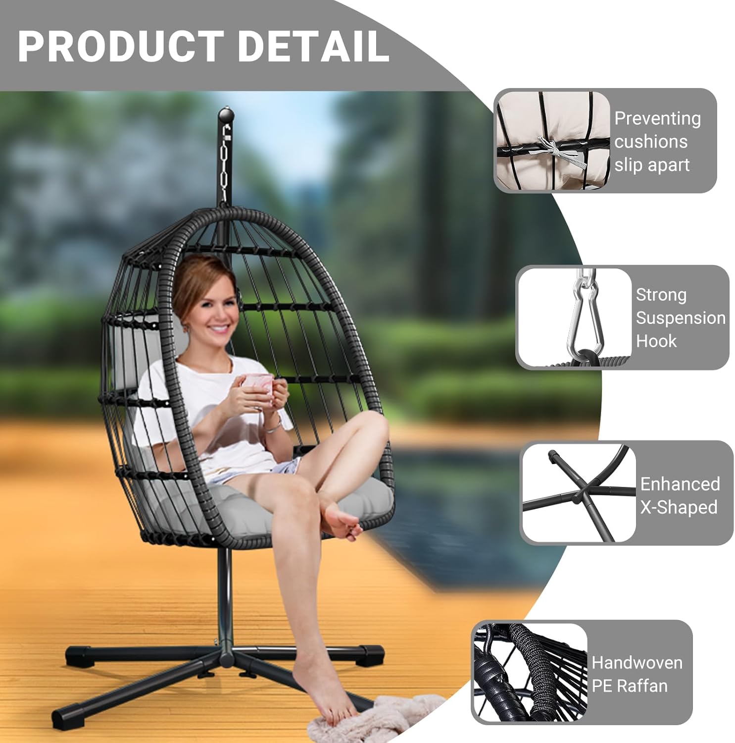 CHABATREE Egg Chair with Stand,Patio Rattan Wicker Hanging Swing Egg Chair Hammock Chair for Bedroom Porch Garden,Thickened Aluminum Alloy Steel Frame and UV Resistant Cushion,350LBS Capacity