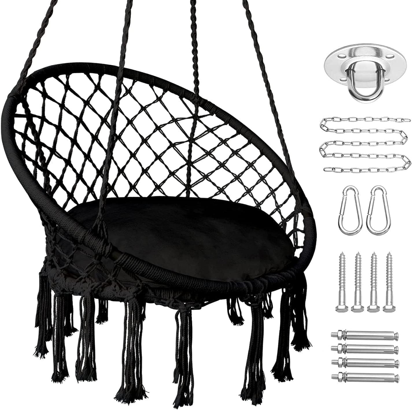 Hanging Swinging Chair, Macrame Hammock Hanging Swinging Chairs with Soft Cushions and Hardware Accessories, Hanging Chair for Indoor and Outdoor Use, 3 Installation Methods, Beige (2, Black)