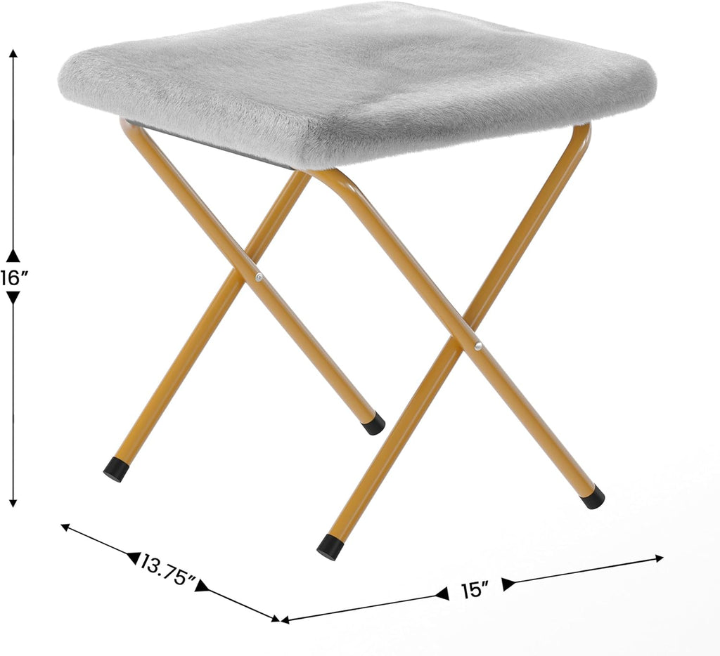 Flash Furniture Gwen Oversize Folding Saucer Chair with Ottoman, Faux Fur Moon Chair, Durable Steel Frame, for Dorm and Bedroom, 38', Gray/Soft Gold