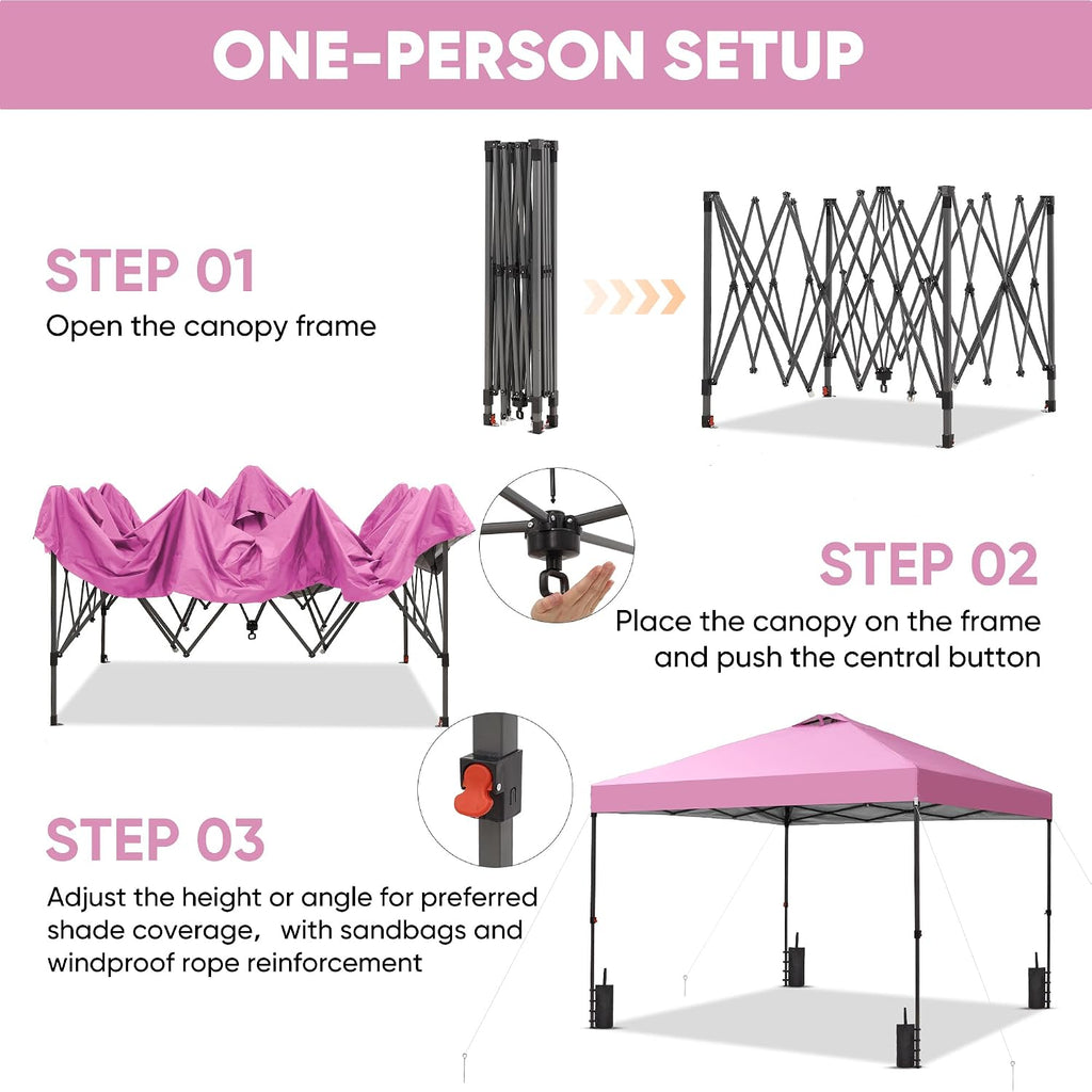 GDY 12x12 Pop Up Canopy Patio Carpas, One Push Set up with Central Lock Canopy with Wheeled Carry Bag, Included 4 Sandbaogs,8 Stakes and 4 Ropes, Pink