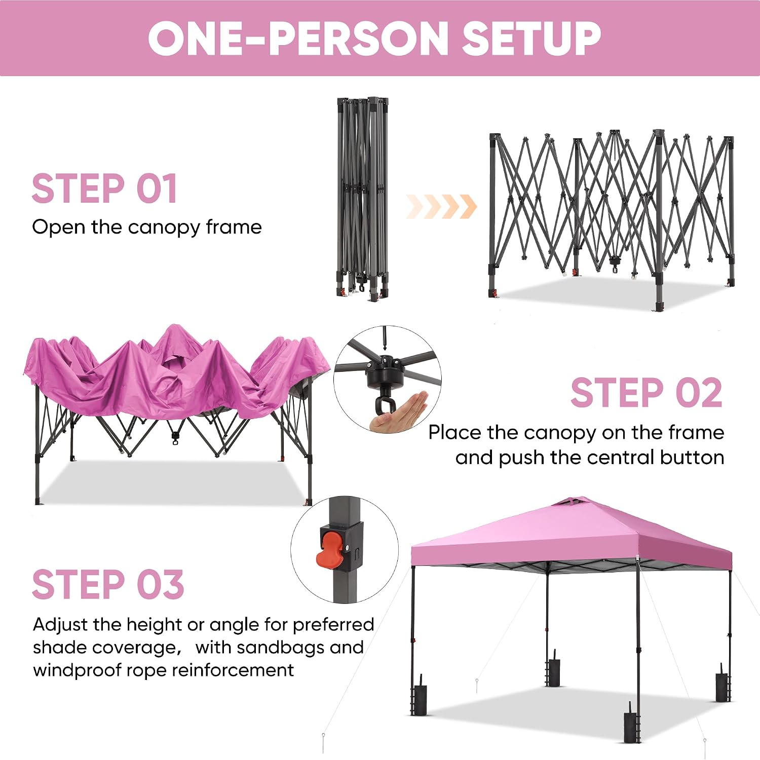 GDY 12x12 Pop Up Canopy Patio Carpas, One Push Set up with Central Lock Canopy with Wheeled Carry Bag, Included 4 Sandbaogs,8 Stakes and 4 Ropes, Pink