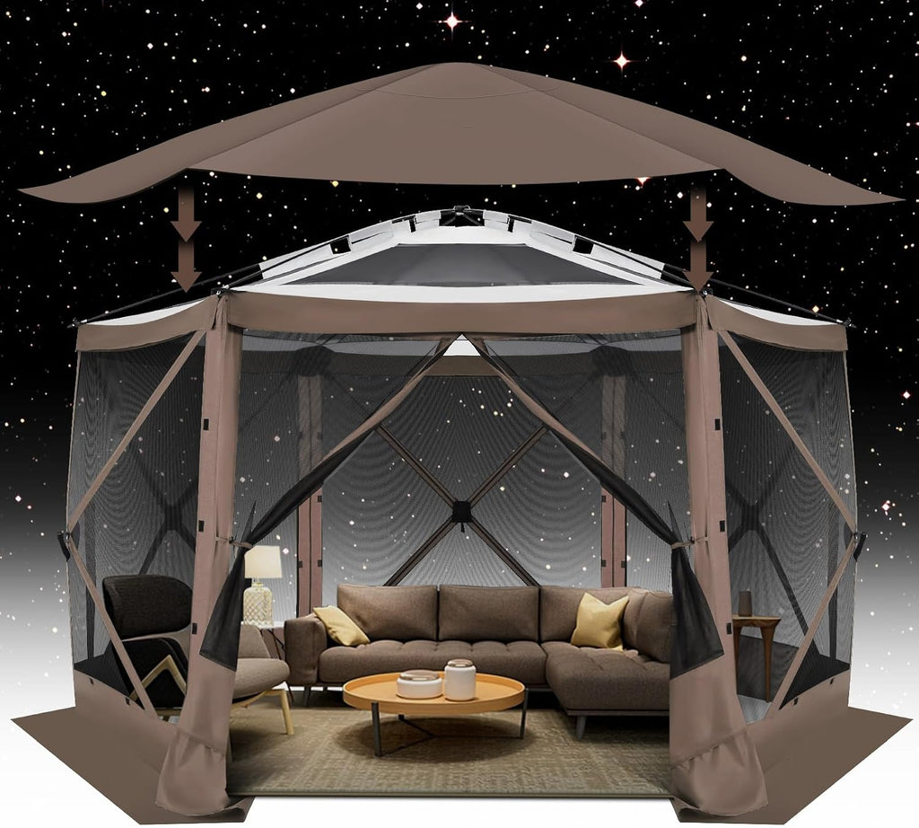 COBIZI Pop Up Gazebo Screen Tent Screen House for Camping, 12x12 Screen Room with Mosquito Netting, Hub Tent Instant Screened Canopy with Carrying Bag and Ground Stakes, Brown