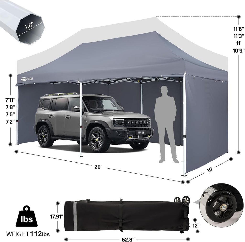 CROWN SHADES 10x20 Pop Up Canopy Tent, Thicken Frame Commercial Heavy Duty Tent, 4 Sidewalls 8 Stakes & 4 Sandbags & 4 Ropes, Outdoor Canopies for Events, Parties, Gray