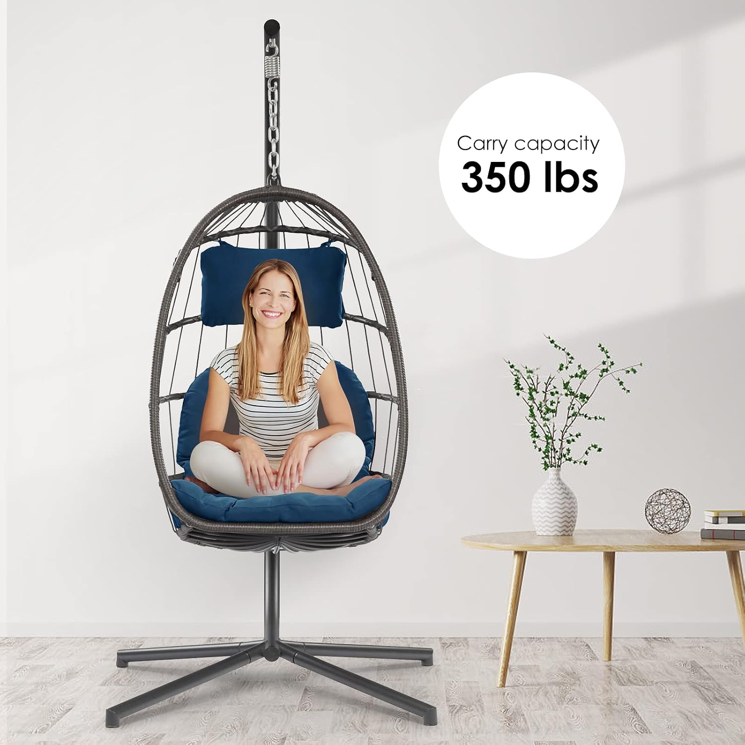 Egg Chair with Stand - Hanging Swing Egg Chair Rattan Wicker Patio Hammock Chair for Indoor Outdoor Bedroom - Rusty Resistant Aluminum Frame and UV Resistant Cushion 350LBS Capacity (Teal Blue)