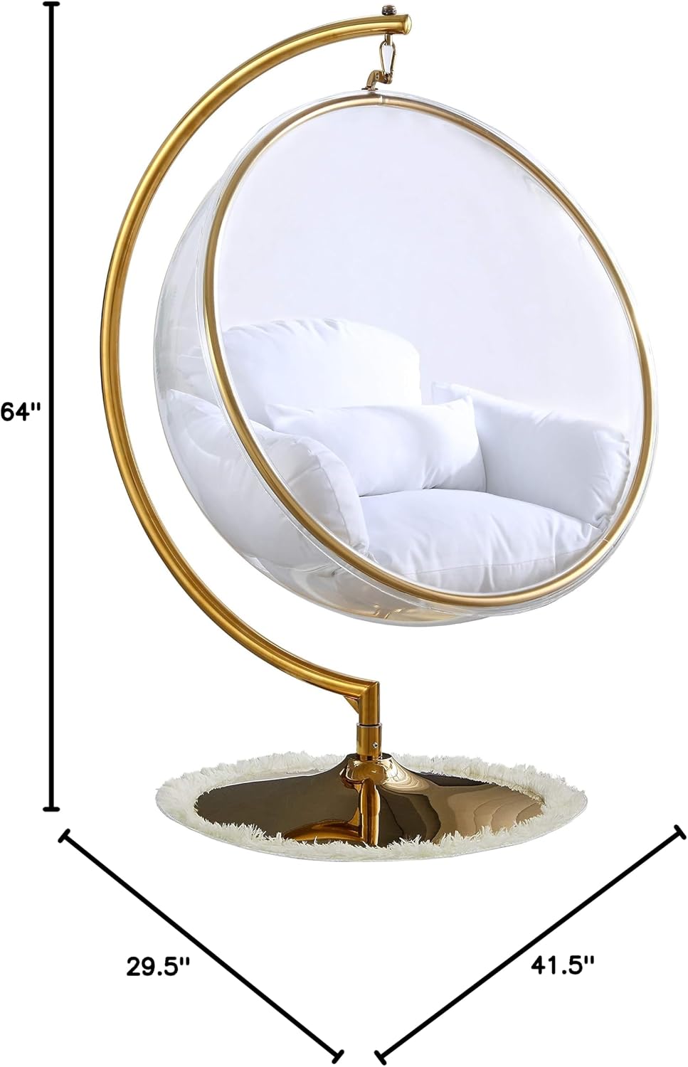 Meridian Furniture Luna Collection Modern | Contemporary Clear Acrylic Accent Swing Chair with Gold Metal Base and Durable Fabric Seat, 41.5' W x 29.5' D x 64' H, White