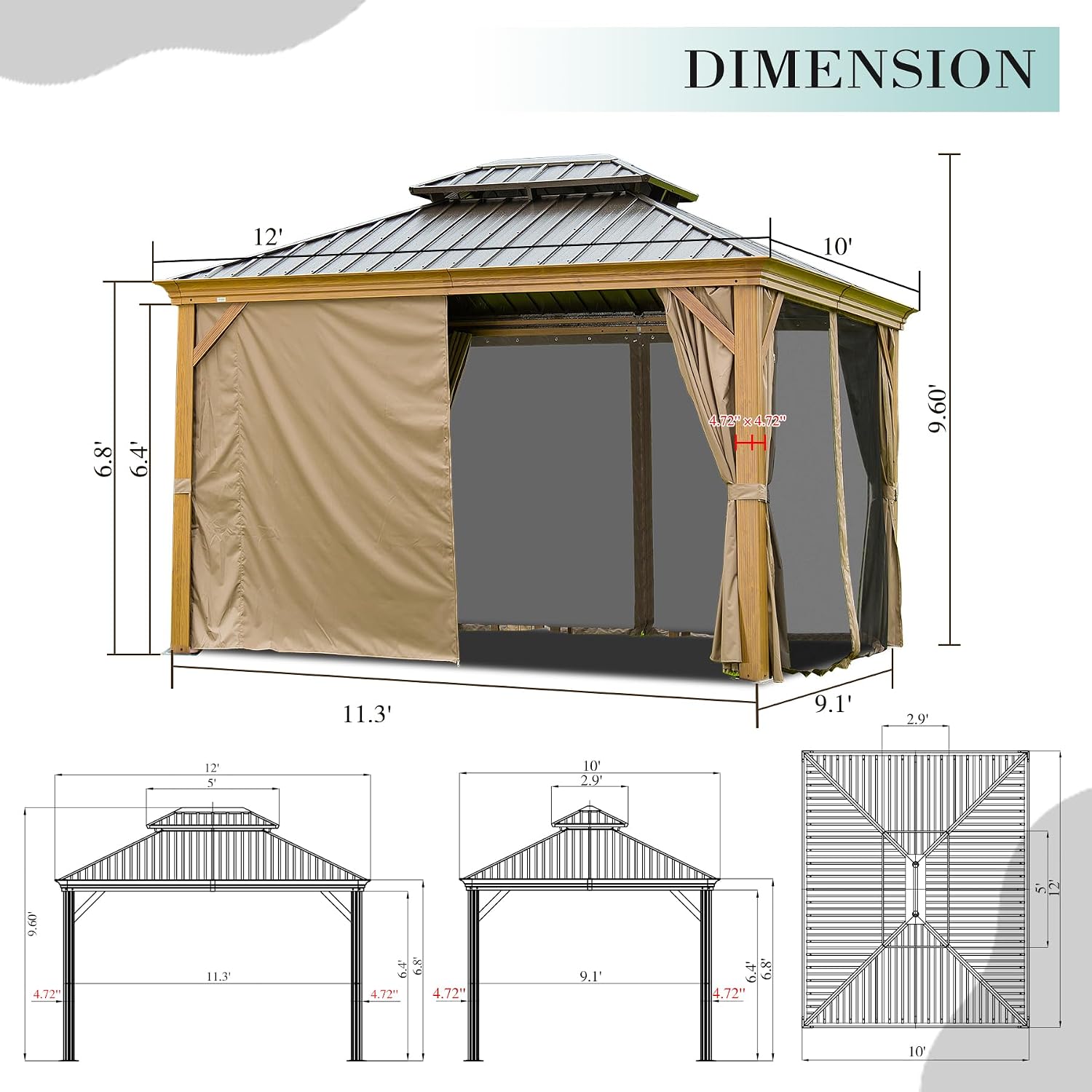 Domi Hardtop Gazebo 10x12FT, Outdoor Gazebo with Galvanized Steel Double Roof, Aluminum Frame, Built-in Gutter System, Curtain and Netting, Metal Gazebo Pavilion for Patio Deck Garden, Wood-Looking