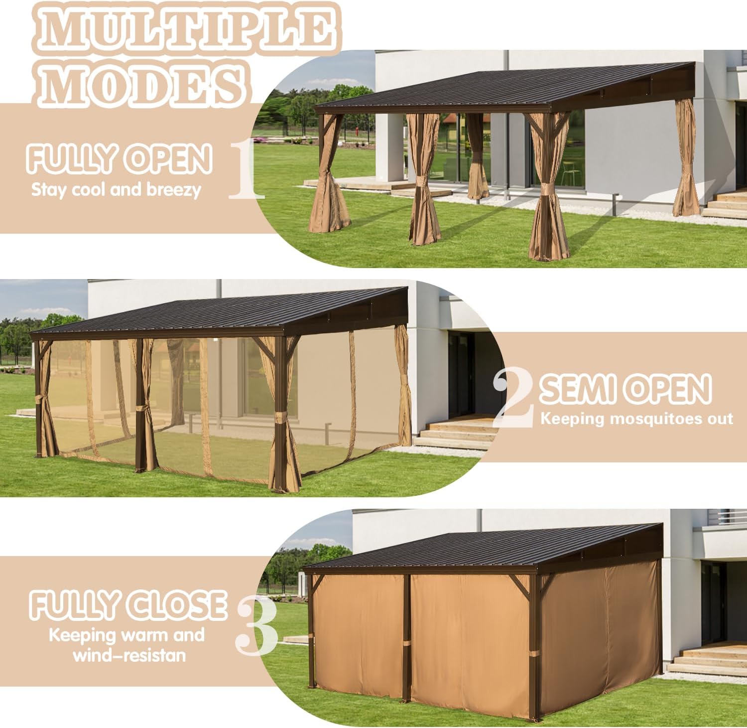 Domi 12x16FT Wall-Mounted Hardtop Gazebo, Aluminum Lean to Gazebo with Galvanized Steel Sloping Roof, Curtains & Netting for Outdoor Patio, Deck, Backyard, Garden Parties
