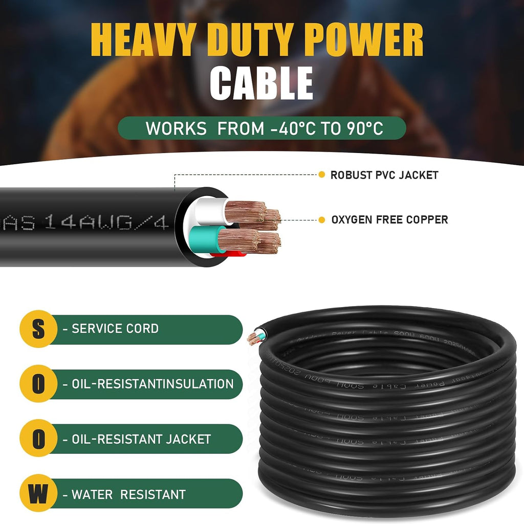 100ft 14/4 14 AWG Portable Power Cable (4 Conductor) - SOOW 600V 14 Gauge Electric Wire for Generator, Portable Lights, RV/EV Car Battery Chargers and Machinery - 100 Feet Electrical Cord