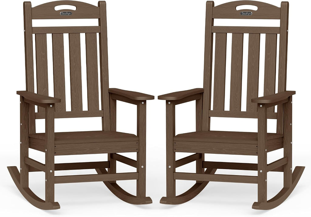 Oversized Outdoor Rocking Chairs Set of 2, High Back Porch Rocker Chair, HDPE All Weather Resistant Rocking Chairs for Patio, 380lbs Weight Capacity, Brown