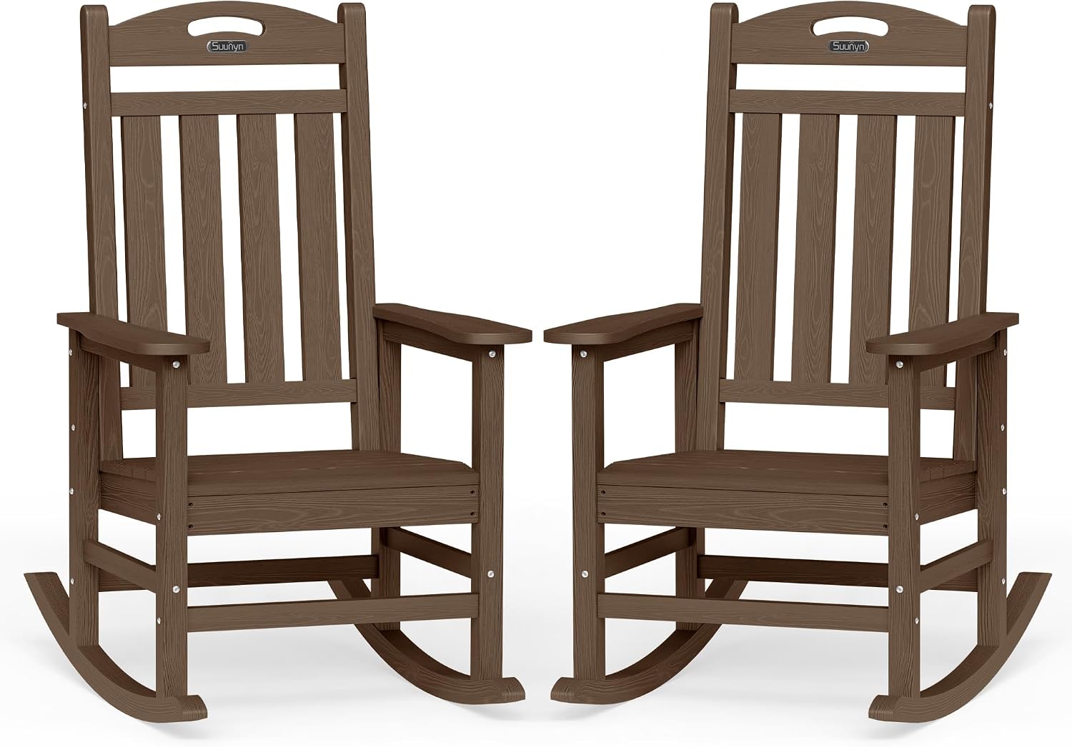 Oversized Outdoor Rocking Chairs Set of 2, High Back Porch Rocker Chair, HDPE All Weather Resistant Rocking Chairs for Patio, 380lbs Weight Capacity, Brown