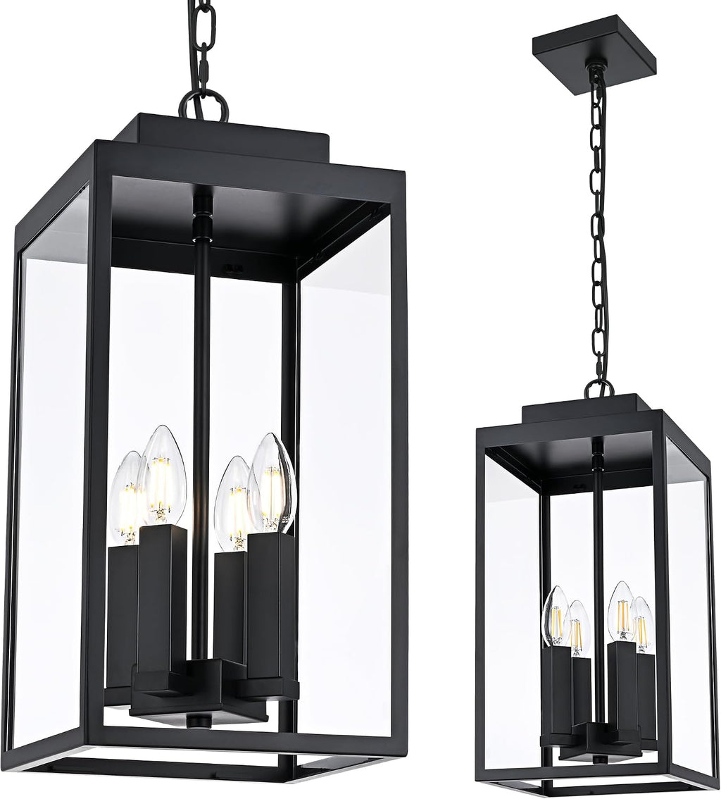 MELUCEE Large Outdoor Pendant Light Fixtures 4-Light, Farmhouse Exterior Hanging Lantern Porch Light, Black Hanging Lamp Ceiling Mount Outdoor Chandelier for Porch Patio Gazebo Entrance